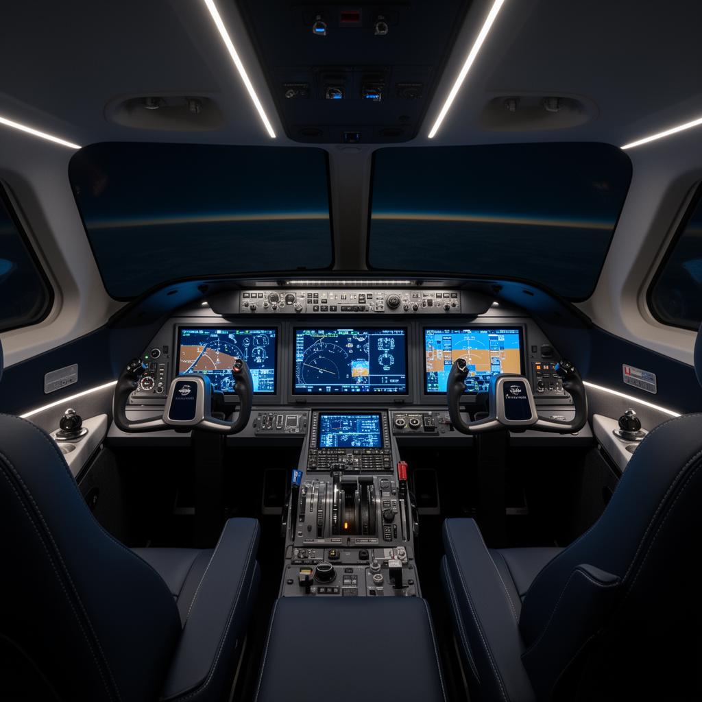 Modern private jet cockpit with HUD instrumentation at night
